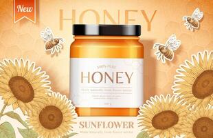 Sunflower honey product jar with honeybees in 3d illustration with sunflower and honeycomb engravings vector