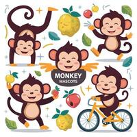 Sitting, jumping, running, hanging, walking, standing fun monkey silhouette. Isolated illustration. vector