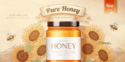 orgánico miel tarro con abejas en 3d ilustración con girasol grabado antecedentes vector