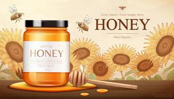 Sunflower honey product jar with honeybees and dipper over wooden table in 3d illustration with sunflower engravings in background vector