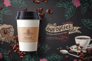 Coffee ads, takeaway cup packaging with labels in 3D illustration with coffee beans element over engraved design black background vector