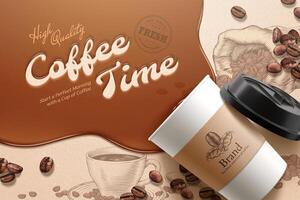 Flat lay of disposable cup with brown liquid and coffee beans element over engraved background vector