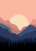 paisaje con montañas en puesta de sol. ilustración en plano estilo. vector