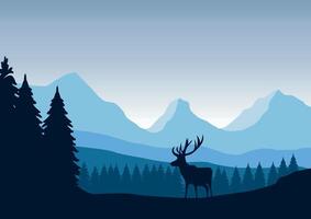 Mountains and pine forest with a deer. Illustration in flat style. vector