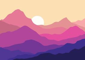 paisaje con montañas en puesta de sol. ilustración en plano estilo. vector