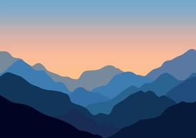 paisaje con montañas en puesta de sol. ilustración en plano estilo. vector