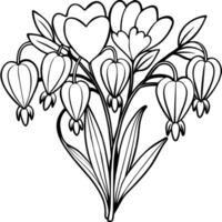 Bleeding Heart flower outline illustration coloring book page design, Bleeding Heart flower black and white line art drawing coloring book pages for children and adults vector