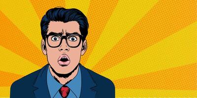 Shocked young man with wide open eyes and mouth. illustration in retro pop-art comic style. banner design template with copy space for text for ads, social media, web. vector
