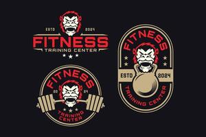 wild ape or kong with barbell, kettlebell logo design for fitness, gym, bodybuilder, weightlifting vector