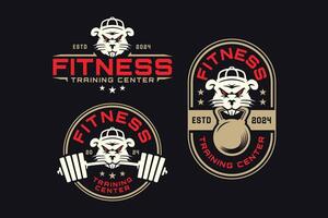 wild rat with barbell and kettlebell logo design for fitness, gym, bodybuilding, weightlifting club vector