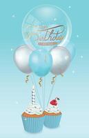 cumpleaños globos antecedentes diseño. contento cumpleaños a usted con globos y taza pastel decoración elementos para cumpleaños celebracion saludo tarjeta diseño. vector