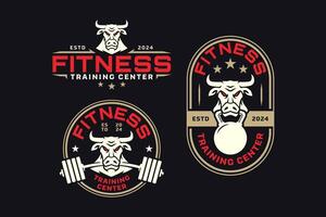 bull with barbell and kettlebell logo design for fitness, gym, bodybuilding, weightlifting vector