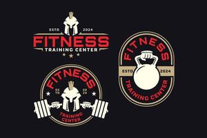 spartan warrior with barbell and kettlebell logo design for fitness, gym, bodybuilder, weightlifting vector