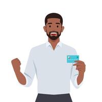 Happy young businessman showing credit, debit, ATM card. Man making raised hand fist gesture. vector