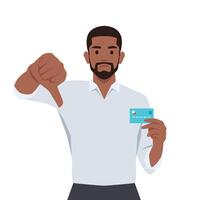 Young businessman showing credit, debit, ATM card and making thumb down gesture. vector