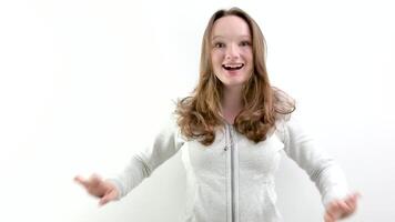 Surprised Young Woman Wondering on White Background video