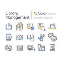 Library organization RGB color icons set. Access control, book sharing. Collection management. Isolated illustrations. Simple filled line drawings collection. Editable stroke vector