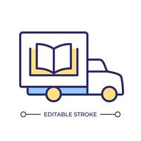 Book delivery truck RGB color icon. Education materials transportation, culture. Literature logistic car, vehicle. Isolated illustration. Simple filled line drawing. Editable stroke vector