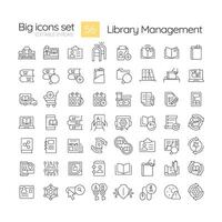 Library management linear icons set. Book circulation, membership management. Security measures. Customizable thin line symbols. Isolated outline illustrations. Editable stroke vector