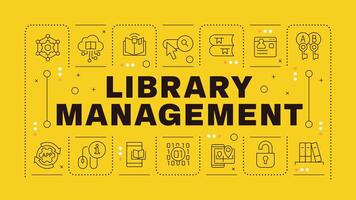 Library management yellow word concept. Security measures, access cards. Books and materials managing. Horizontal image. Headline text surrounded by editable outline icons vector