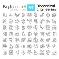 Biomedical engineering linear icons set. Biotechnology in healthcare. Bioethics. Medical equipment. Customizable thin line symbols. Isolated outline illustrations. Editable stroke vector