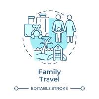 familia viaje suave azul concepto icono. de viaje con niños. playa vacaciones. ocio viaje. redondo forma línea ilustración. resumen idea. gráfico diseño. fácil a utilizar en solicitud vector