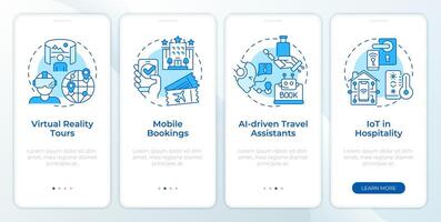 Technology in traveling blue onboarding mobile app screen. Walkthrough 4 steps editable graphic instructions with linear concepts. UI, UX, GUI template vector