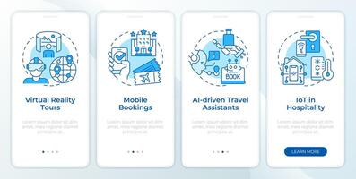 Technology in traveling blue onboarding mobile app screen. Walkthrough 4 steps editable graphic instructions with linear concepts. UI, UX, GUI template vector