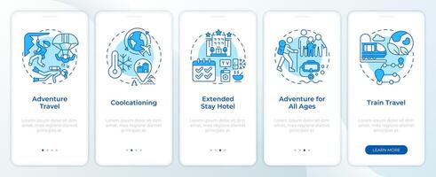 Trends in traveling blue onboarding mobile app screen. Walkthrough 5 steps editable graphic instructions with linear concepts. UI, UX, GUI template vector