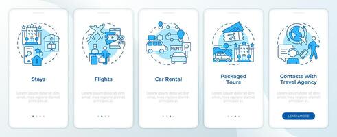 Travel services blue onboarding mobile app screen. Tourism walkthrough 5 steps editable graphic instructions with linear concepts. UI, UX, GUI template vector