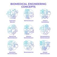 Biomedical engineering blue gradient concept icons. Biotech fields. Academic disciplines. Icon pack. Round shape illustrations. Abstract idea. Easy to use in presentation vector