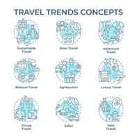 Travel trends soft blue concept icons. Travel and hospitality industry. Mindful travel. Global tourism. Trip planning. Icon pack. Round shape illustrations. Abstract idea vector