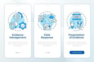 Evidence process blue onboarding mobile app screen. Walkthrough 3 steps editable graphic instructions with linear concepts. UI, UX, GUI template vector