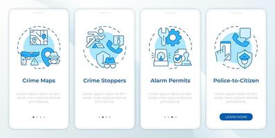 Crime prevention measures blue onboarding mobile app screen. Walkthrough 4 steps editable graphic instructions with linear concepts. UI, UX, GUI template vector