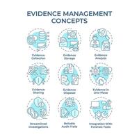 Evidence management soft blue concept icons. Forensic analysis, judicial system. Technological advancement. Icon pack. Round shape illustrations for infographic. Abstract idea vector