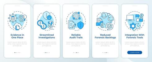 Evidence management benefits blue onboarding mobile app screen. Walkthrough 5 steps editable graphic instructions with linear concepts. UI, UX, GUI template vector