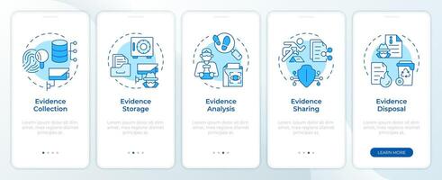 Evidence organization blue onboarding mobile app screen. Walkthrough 5 steps editable graphic instructions with linear concepts. UI, UX, GUI template vector