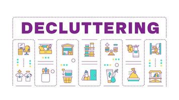 Decluttering word concept isolated on white. House cleanup. Cleaning services, organized desk. Creative illustration banner surrounded by editable line colorful icons vector