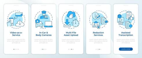 Evidence sources blue onboarding mobile app screen. Walkthrough 5 steps editable graphic instructions with linear concepts. UI, UX, GUI template vector
