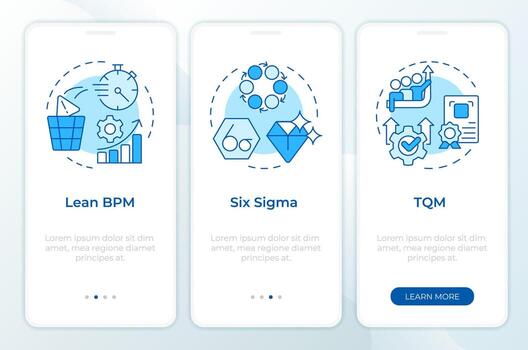 BPM methodologies blue onboarding mobile app screen. Walkthrough 3 steps editable graphic instructions with linear concepts. UI, UX, GUI template vector