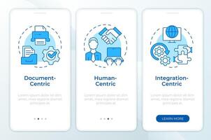 Centric BPM systems blue onboarding mobile app screen. Walkthrough 5 steps editable graphic instructions with linear concepts. UI, UX, GUI template vector