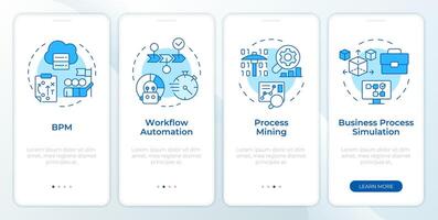 Business workflow automation blue onboarding mobile app screen. Walkthrough 4 steps editable graphic instructions with linear concepts. UI, UX, GUI template vector
