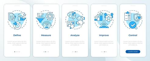 Six sigma processing stages blue onboarding mobile app screen. Walkthrough 5 steps editable graphic instructions with linear concepts. UI, UX, GUI template vector