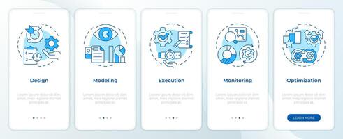 Business organization stages blue onboarding mobile app screen. Walkthrough 5 steps editable graphic instructions with linear concepts. UI, UX, GUI template vector