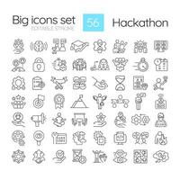 Hackathon linear icons set. Event for developers and programmrs. Tech solutions. Team competition. Customizable thin line symbols. Isolated outline illustrations. Editable stroke vector