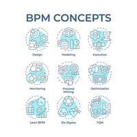 bpm suave azul concepto iconos flujo de trabajo gerente, Operacional eficiencia. apoyarse gestión. icono embalar. redondo forma ilustraciones para artículo, infografía. resumen idea vector