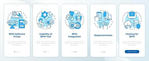 seleccionando bpm herramienta aspectos azul inducción móvil aplicación pantalla. recorrido 3 pasos editable gráfico instrucciones con lineal conceptos. ui, ux, gui modelo vector