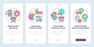 Pharmacy management system benefits onboarding mobile app screen. Walkthrough 4 steps editable graphic instructions with linear concepts. UI, UX, GUI template vector