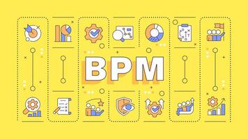 BPM yellow word concept. Business processes management. Workflow automation, data processing. Typography banner. Illustrationwith title text, editable icons color vector