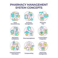 Pharmacy management system multi color concept icons. Drug manufacturing, pharmacovigilance. Icon pack. Round shape illustrations for infographic, article. Abstract idea vector